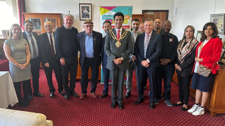 Pictured at the launch of the new “SkillsBridge Oldham” initiative are (left to right): Wendy Brown (Oldham Enterprise Trust), Kashif Ashraf, Cllr Eddie Moores, Stephen Lowe, Frank Rothwell, Mohammed Hussain, Cllr  Zahid Chauhan OBE, Mayor of Oldham, Cllr Shaid Mushtaq, Dave Benstead (Chair of Oldham Enterprise Trust), Iffat Parveen and Sharon Jandu