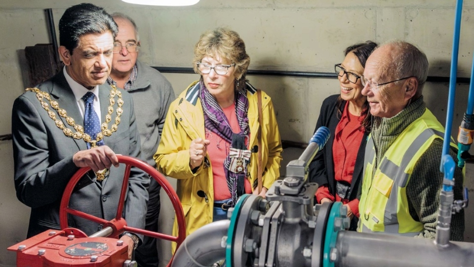 Pictured are the Lord Lieutenant of Greater Manchester, the Mayor of Oldham and MP Debbie Abrahams learning about the Hydro Turbine House with Hydro Operations Director, Dr Andrew Taylor