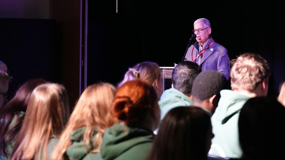 Stuart Ferster, from the Northern Holocaust Education Group, speaks to pupils