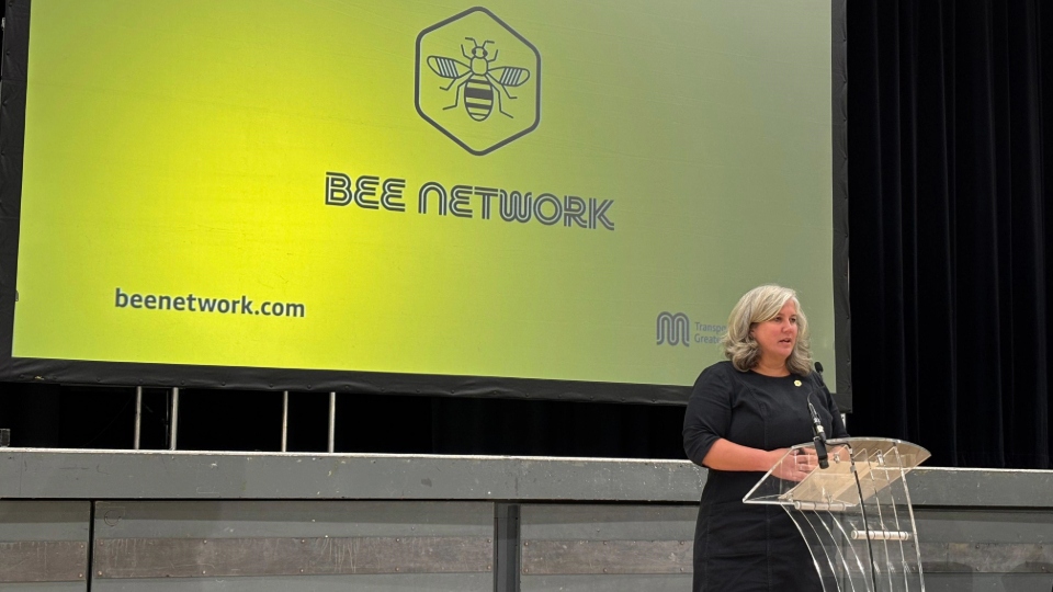 Transport secretary Heidi Alexander speaks at Wythenshawe Forum to mark the completion of the Bee Network bus franchising