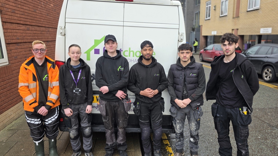 Pictured (left to right) are apprentices Callum Lee (Werneth), Angelise Johnston (Dobcross), Max Patrick (Oldham), Ruhan Hussain (Oldham), Will Meredith (Oldham) and Devon Laithwaite Adiair (Lees)