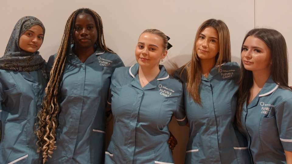 Five T Level learners have successfully obtained a Midwifery placement. Pictured (left-right) are: Malaika, Titi, Evie, Romiejay and Isabelle