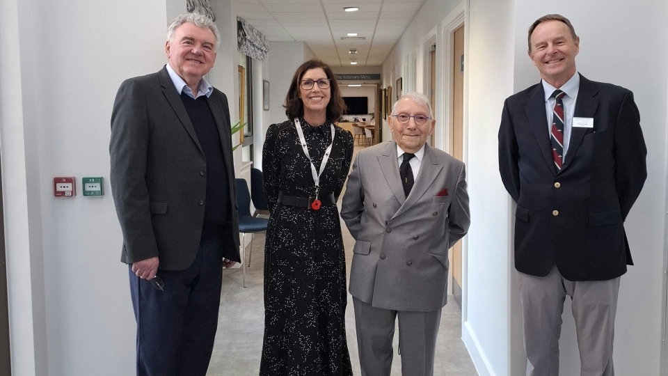 Pictured outside The Stoller Wing are (left to right): Stephen Lowe, Karen Miller, Sir Norman Stoller and Peter Curtis