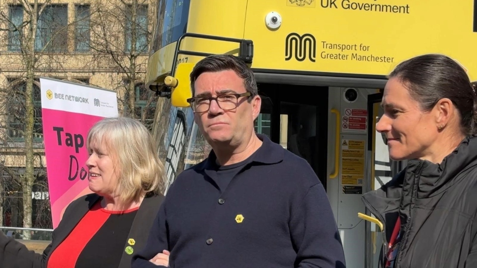 Andy Burnham is pictured (centre) with Coun Tracey Rawlins (left), Manchester's executive member for transport, and Dame Sarah Storey (right)