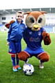 Freddie meets Oldham mascot Chaddy the Owl. 