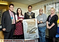 PLEDGE for the future . . . Mark Drury (NHS Oldham CCG), Maxine Moar (Moar Communities), Mayor of Oldham, Councillor Ateeque Ur-Rehman, Andy Gregori (OL1 Group) and Joanne Griffin (First Choice Homes Oldham)
