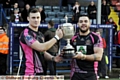 FLASHBACK . . . to February, 2013 at Spotland. Oldham’s Lewis Palfrey (left) and Sammy Gee show off the Law Cup after their team’s victory over Rochdale.