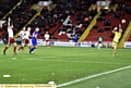 BIG CHANCE . . . Jake Cassidy watches as his header bounces up off the turf and flies over the crossbar. 
