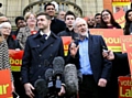 Labour party leader Jeremy Corbyn and new Labour MP Jim McMahon at a rally outside Chadderton Town Hall with party supporters on Friday, after Labour held the parliamentary by-election seat in Oldham West and Royton with a majority of 10,722