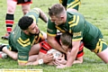 St Anne’s, pounce on a Leigh East player in the National Conference League Division Two clash at Higginshaw Road. PICTURE: PAUL STERRITT
