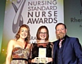 PASSION and dedication: (l-r) Catriona Campbell (from award sponsor Kellogg’s Nutrition Scientific Affairs), Sarah Critchley and comedian and awards guest Rufus Hound