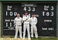 Greenfield centurions: Alex Peters (left), Christi Viljoen and Adam Hayes stand in front of the scorebox at Ladhill Lane.