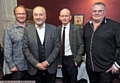 'An Evening with George Galloway' at The Swan, Dobcross. : Michael Powis (landlord), George Galloway, Peter Young (organiser), Tim Newbold (landlord).