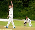 TRIUMPH . . . for Greenfield bowler JP de Villiers and fieldsman Brandon Jacobs after they combined to grab the wicket of Saddleworth’s James Howard in Saturday’s clash at Well-i-Hole. 