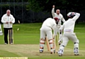 GOTCHA: Crompton’s Mel Whittle celebrates after bowling Royton’s Tony Walsh for two. Picture by TIM BRADLEY.