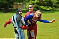 Beer superheroes Chris Bennett as Batman, Rachel Timpson as Super Girl and Charlie Gill as IronMan