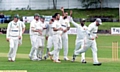 Royton celebrate Adam’s Good’s wicket of Shubham Harke.