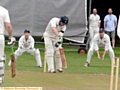 HE’S GONE . . . Saddleworth batsman Michael Jones is bowled by Adam Robinson. 