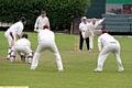 GOLDEN OLDIE . . . the remarkable Mel Whittle has men round the bat as Crompton pressurise Werneth before the intervention of rain. Picture by Tim Bradley.