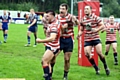 WE DID IT!: David Hewitt scored a crucial try (inset, bottom) and celebrated in style (main, left), while George Tyson caught up with his man during Oldham’s terrific comeback victory over Barrow. PICTURES by TIM BRADLEY
