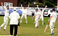 NOT THIS TIME . . . Moorside’s Rick Harrington survives a confident appeal from Saddleworth’s Dave Roberts. 