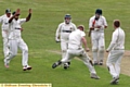 CELEBRATION . . . for Royton’s players following the wicket of Norden skipper Simon North.
