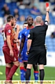 seeing red: Athletic striker Jonathan Forte gets his marching orders from referee Andy Haines. PICTURE by ALAN HOWARTH.
