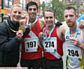 MEDALLISTS . . . Nicola White congratulates, from left, winner Bruno Lema, runner-up Jan Pichl and Rob James, third