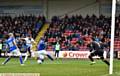 NO GOAL . . . Cameron Burgess shoots home, but the goal is ruled out. PICTURES by ALAN HOWARTH