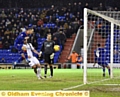 IF ONLY . . . Rhys Murphy slots home what appeared to be a late winner for Athletic, but his effort is ruled out for offside by Timothee Dieng.