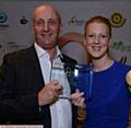 GOLDEN MOMENT . . . Special Recognition winner Nicola White shows off her trophy and her prized Olympic gold medal with Oldham Evening Chronicle managing editor David Whaley. 