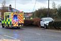 RTA on Manchester road, Oldham, beside the Texaco filling station and close to Hollinwood. A Skoda Fabia, crashed into the middle reservation.