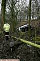 OFF THE ROAD . . . the Range Rover on its side in woodland.