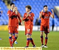 THIS ONE’S FOR YOU . . . Athletic’s players salute the 187 travelling fans. Pictures by ALAN HOWARTH
