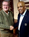 CHAIRMAN Nigel Tench welcomes new Pennine Cricket League president John Holder.