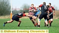 BARGING THROUGH: Oldham’s Jordan McEwan looks for a gap in the Ashton defence.
Ashton 0, Oldham 74 (at Manor Park)