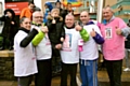 AT the finish line . . . from left, walkers Becky Holt, Sean Grady, Henry Hallam, Gerry Grady, Ryan Grady and Molly’s dad John