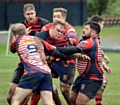 TEAMWORK: Callum Megram (left) and Jamie Edwards combine to stop an Aspatria forward.
