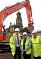 GET digging ... Oldham Council Leader Councillor Jean Stretton with Westshield Director Gerard Waldron, left, and Contracts Manager Brian Ashton at what will become the new Park and Ride site at Prince’s Gate