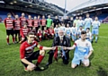 ON THE BIG STAGE . . . Hepworth captain Andrew Battye (left), Frank Beaumont, Huddersfield District League president, and Heyside FC skipper Johnny Pauley.
