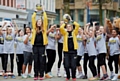 Manchester Thunder's Helen Housby and Natalie Haythornwaite with children from Oldham and Denton netball clubs in St Ann's Square, Manchester.