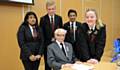 INSPIRATION... Holocaust survivor Chaim Ferster (93) visits Radclyffe School to talk about his memories of Auschwitz concentration camp. Pictured with him are year 10 pupils left to right, Samina Nishat, Michael Cassidy, Izharul Hoque, Chloe Bennett-Benedikti.