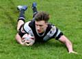 Saddleworth Rangers-v-Salford City Roosters, match played at Saddleworth. Ollie Kerr, playing for Saddleworth scores a try.