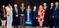 Asian Business Dinner, Eastern Pavilion, Oldham, May 2016. From left, event host Professor Basma Ellahi, Patelvis, Interim Mayor of Greater Manchester Tony Lloyd, Oldham Mayor Ateeque Ur-Rahman, Mayoress Yasmin Toor, Sir Norman Stoller, Sharman Birtles, High Sheriff of Greater Manchester; Councillor John Holden, Mayor of Trafford; and host Jay Allen. 