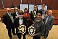 TOP class. Student of the Year winners Helen Schofield and Pranay Maisuria with back (from left) Rotary club president Bernard Stone, runner up Alanna Rudd, Mayor and Mayoress of Oldham, Councillors Yasmin Toor and Ateeque Ur-Rehman, runner up Tom Brisk and Rotary member Ray Coverley.