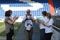 ARRIVAL...Nick Tamblyn finishes his 5-day walk from Birmingham to Oldham Athletic to cheers from his family and friends.