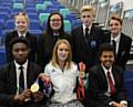 DANIELLE meets students, back left to right, Hannah Evans, Zavina Lodhi, Nathan Long, Sophie Haughton. Front: Daniel Izevbigie, Danielle Brown, Abdul Mahmood