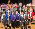 Adjudicator James Stretton and Mayor of Oldham Derek Heffernan with pupils from Lyndhurst Primary, Whitegate End Primary, Freehold Primary Academy, St Anne's, Lydgate and Oasis Limeside Primary School