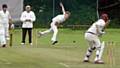 MOORSIDE'S Jamie Taylor in delivery stride against Brian Lord, of Saddleworth, in the Wood Cup