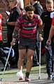 DAMAGED ANKLE . . . Sammy Gee came out on crutches to watch Oldham at Bradford